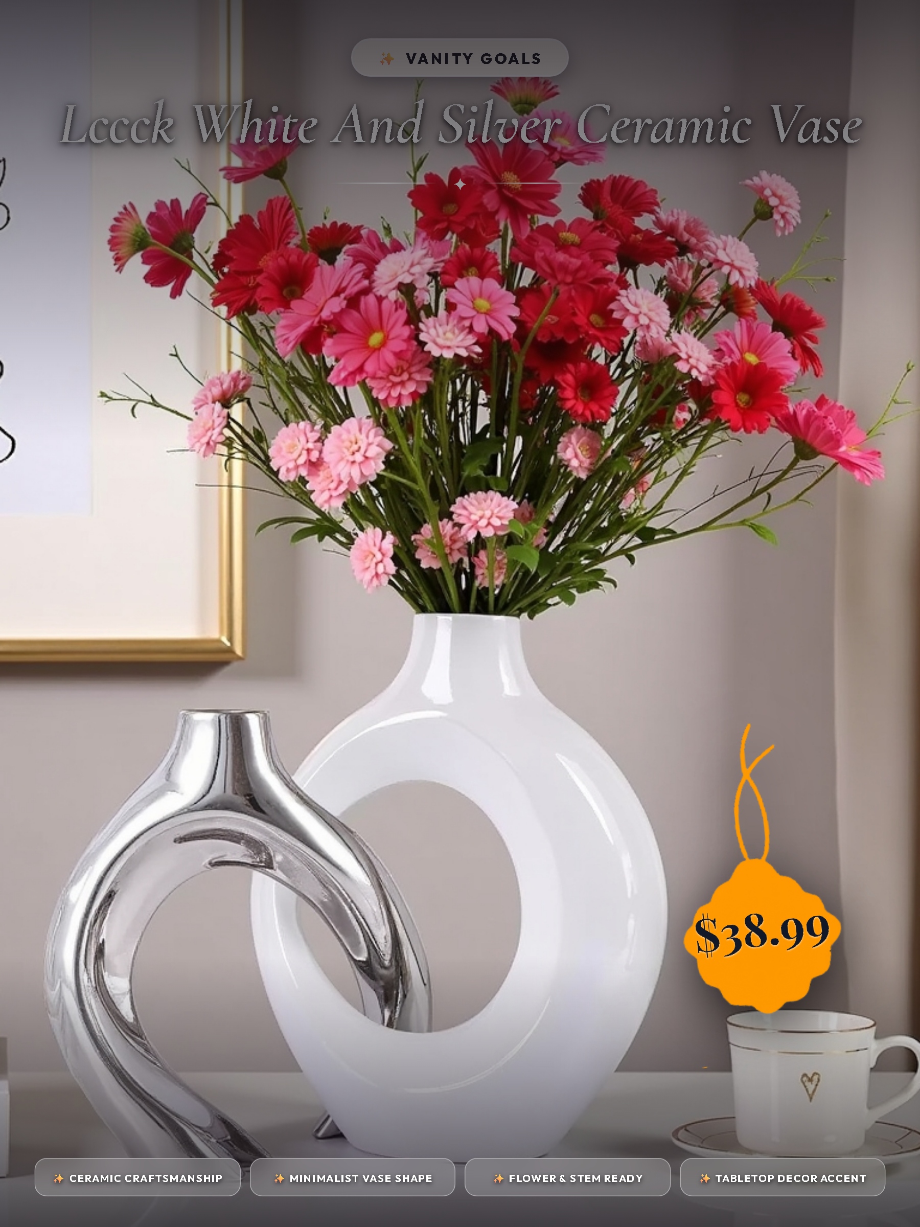 LCCCK White and Silver Ceramic Vase