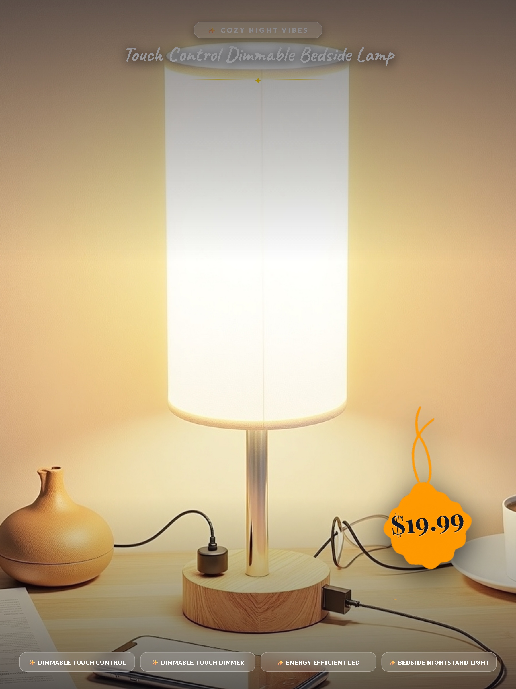 Touch Control Dimmable Bedside Lamp