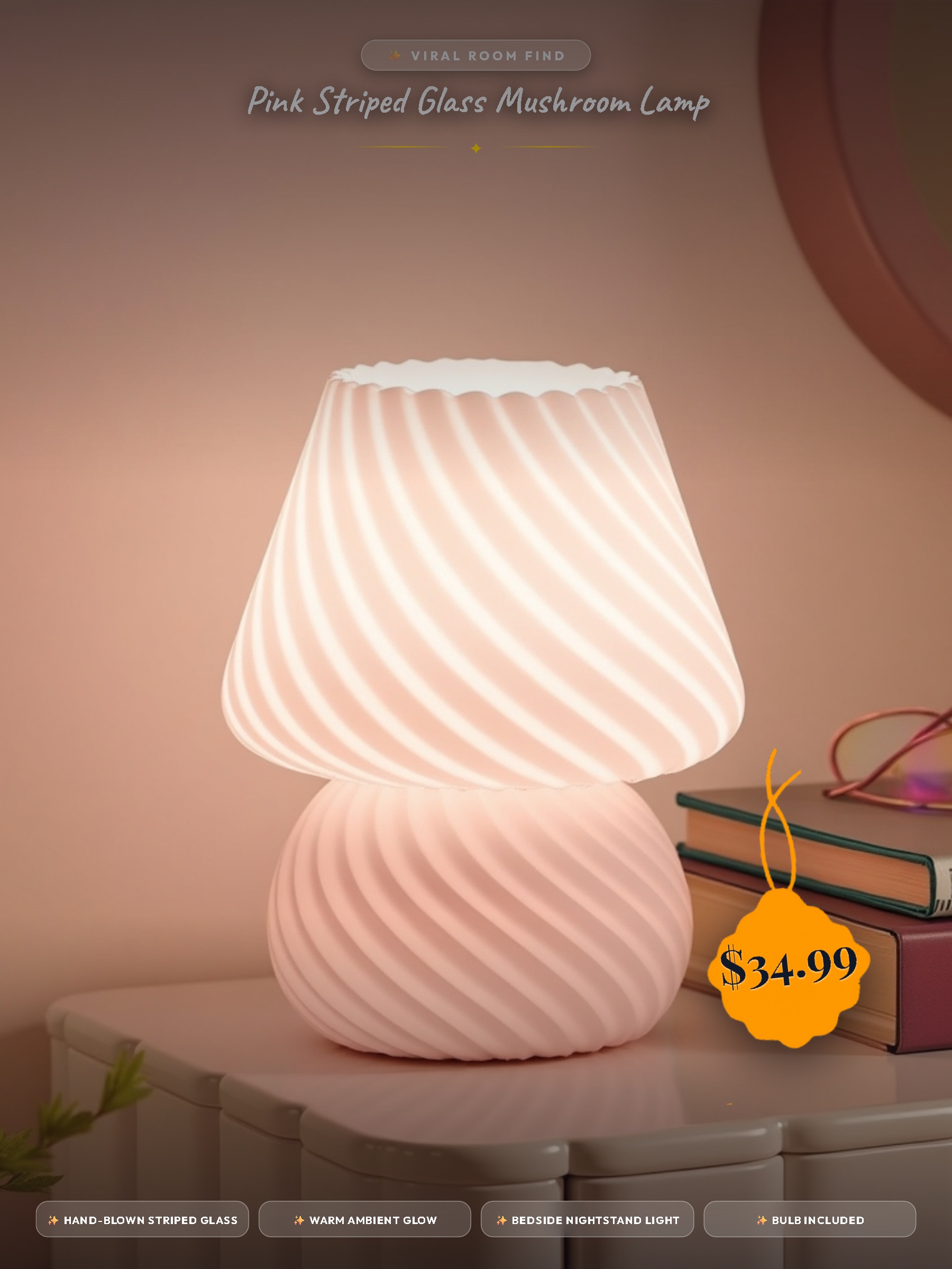 Pink Striped Glass Mushroom Lamp