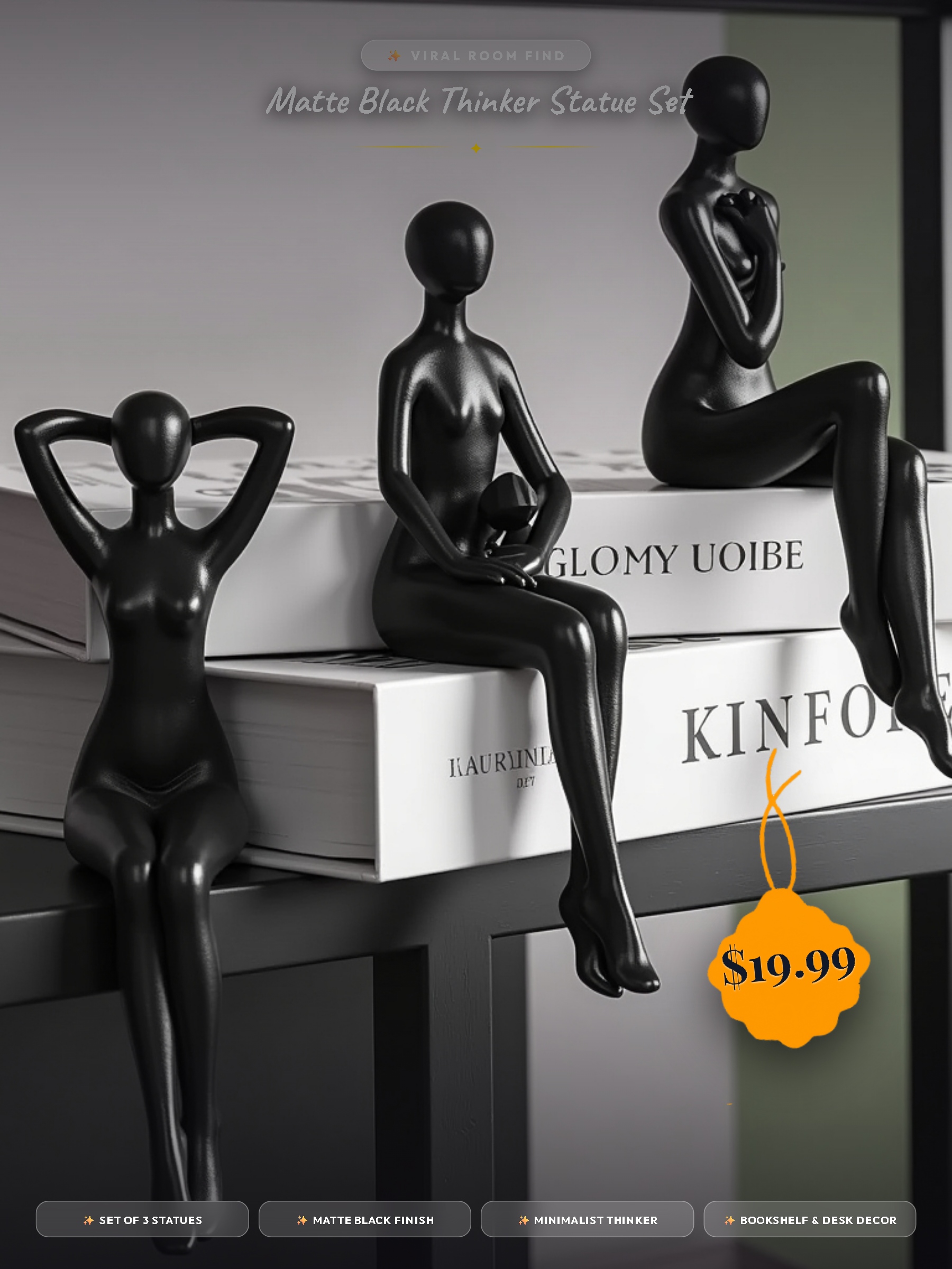 Matte Black Thinker Statue Set