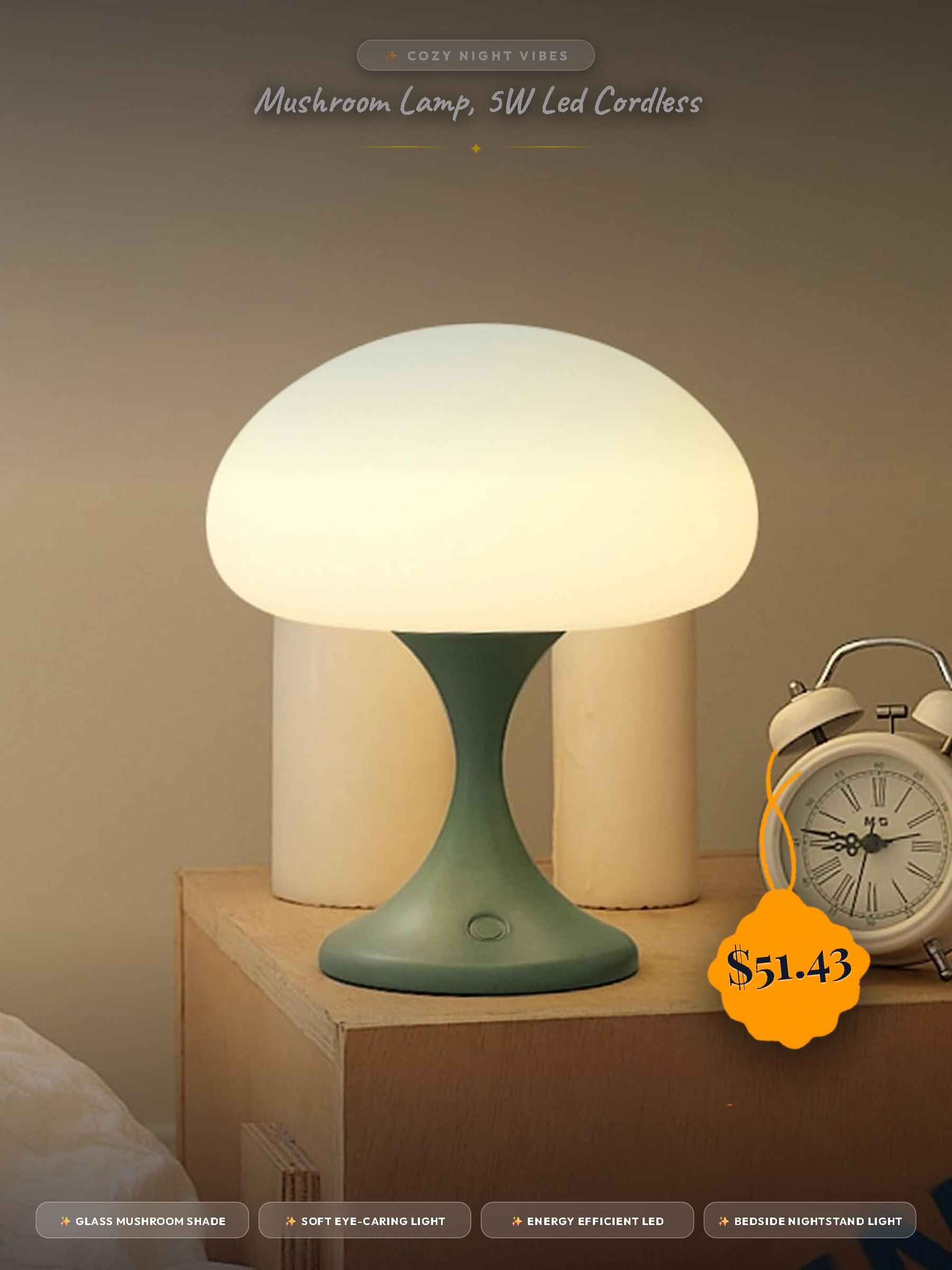 Mushroom Lamp, 5W LED Cordless