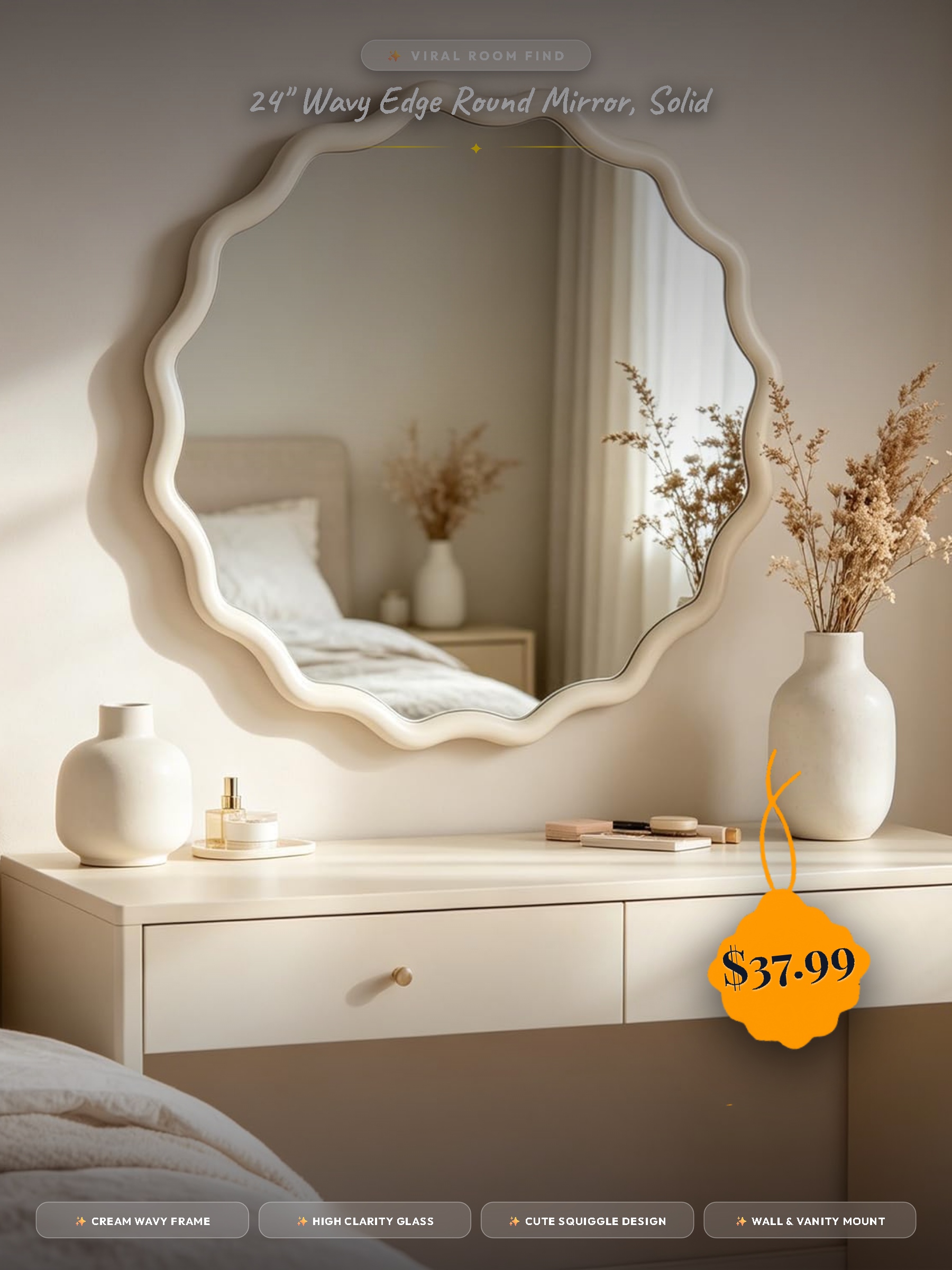24" Wavy Edge Round Mirror, Solid