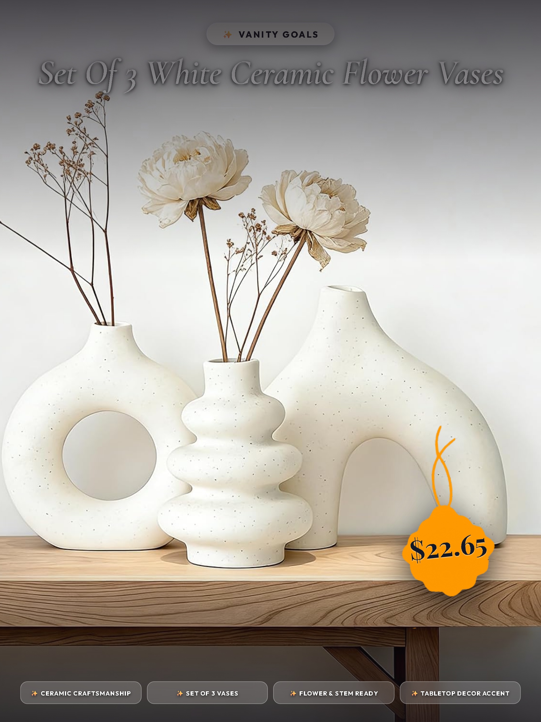 Set of 3 White Ceramic Flower Vases